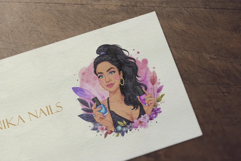 A calling card featuring the cartoon portrait logo of Nika Nails, holding a bottle of nail polish, with a flower background design.