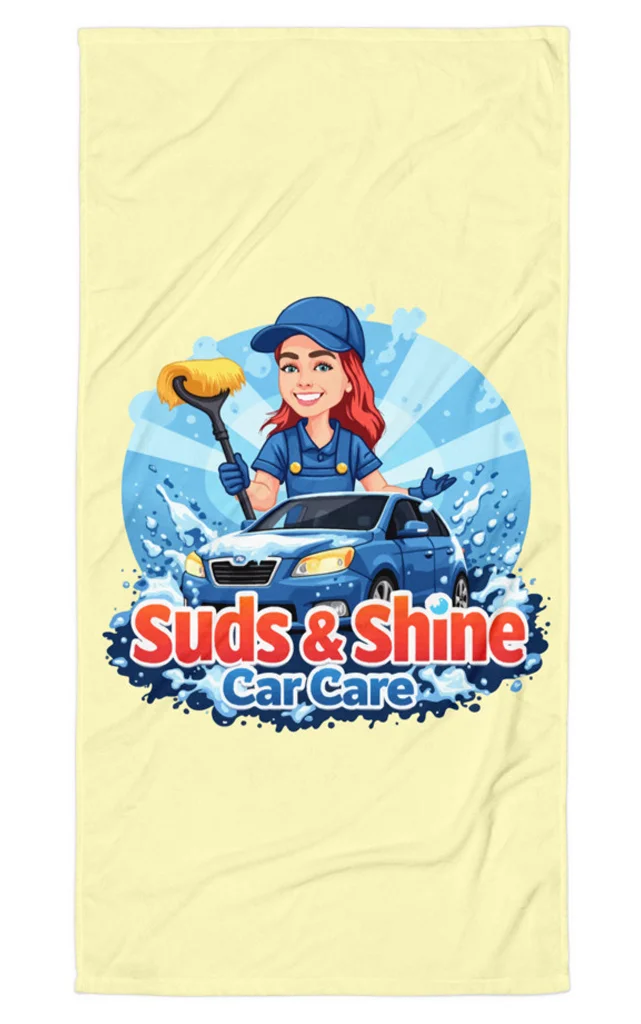 The car wash cartoon logo for Suds & Shine Car Care, expertly printed on a yellow towel.