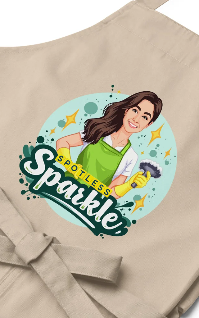 The cartoon cleaning services logo for Spotless Sparkle on a clean apron.