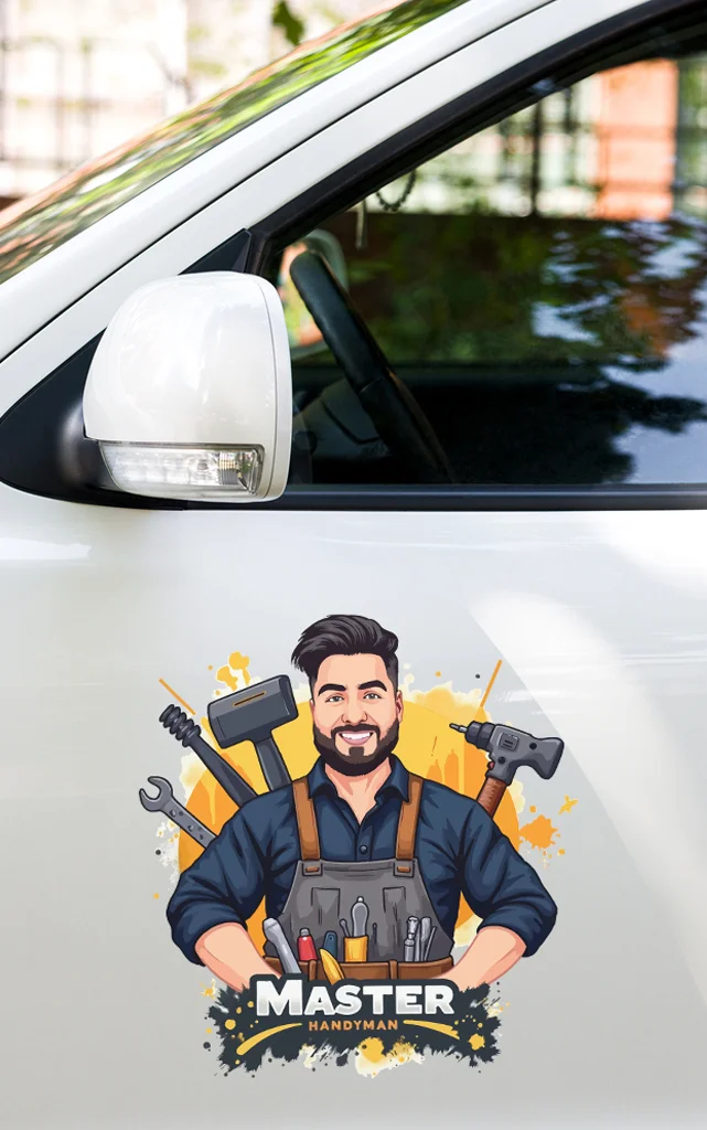 The cartoon handyman logo for Master Handyman printed on the side of a white car.