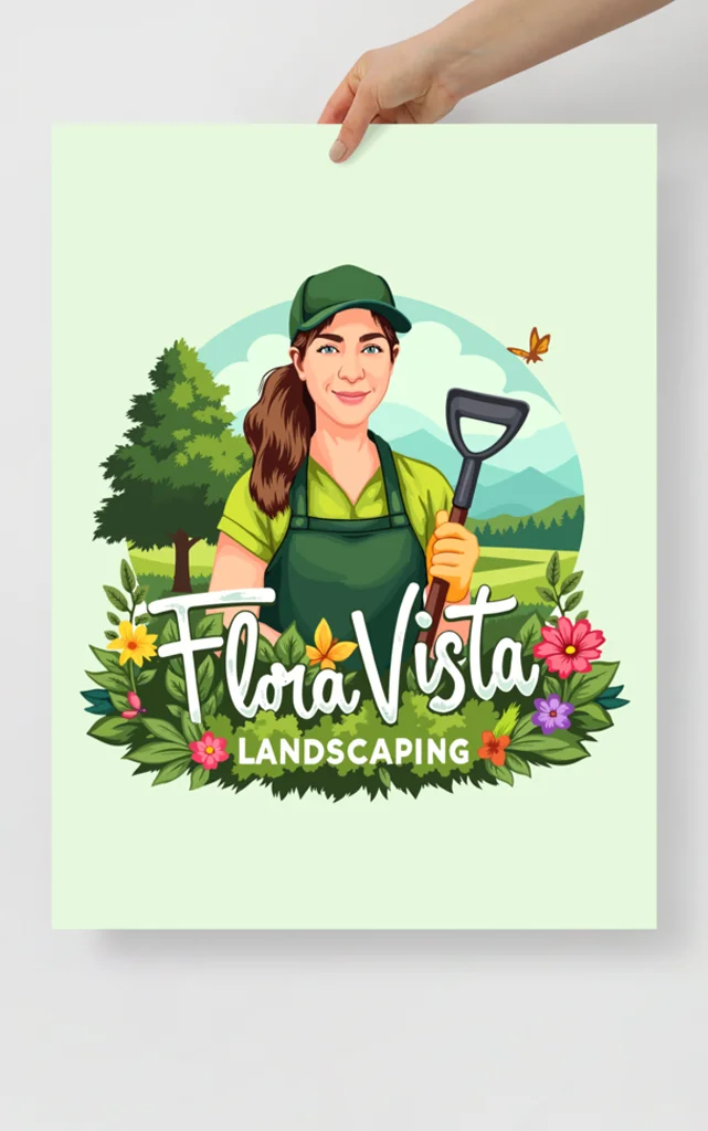 The cartoon landscaping logo for FloraVista Landscaping printed on a matte poster, created by TheCartoonist.