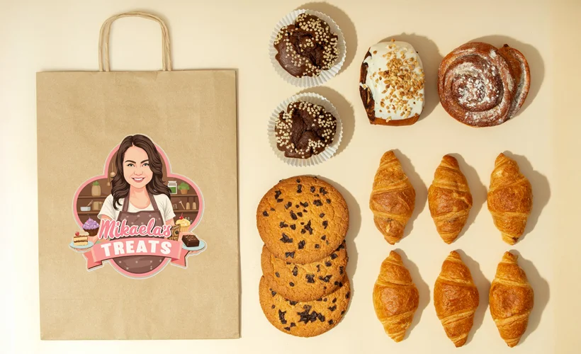 A studio photo of different baked goods, with the packaging for Mikaela's Treats showcasing her cartoon logo by TheCartoonist.