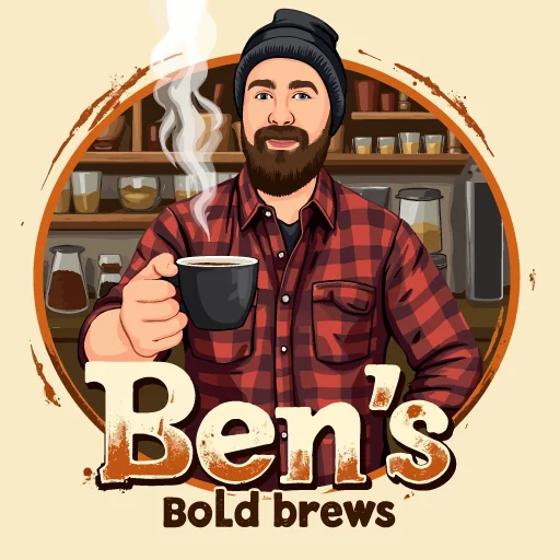 A cartoon logo for a coffee shop and roaster called Ben's Bold Brews, featuring Ben wearing a plaid polo and holding a coffee cup.