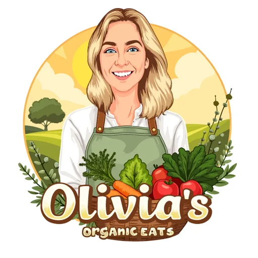 A cartoon logo for an organic grocer called Olivia's Organic Eats, featuring Olivia and her produce.