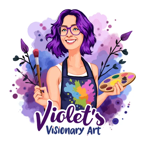 A cartoon logo for an art studio called Violet's Visionary Art, featuring the artist Violet along with some paints.