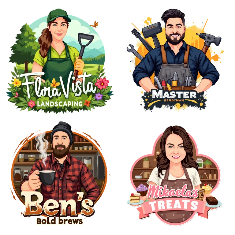 4 TheCartoonist Signature Cartoon Logos for a landscaping service, handyman service, coffee bean roaster, and bake shop.