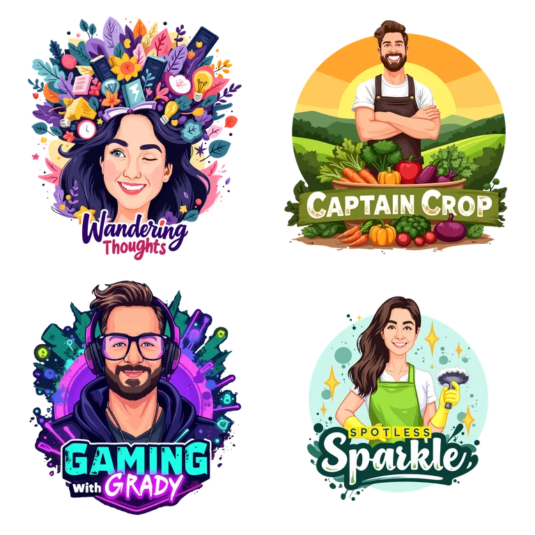 4 TheCartoonist Signature Cartoon Logos for a Youtube Channel, Podcast, small grocer, and a cleaning service.