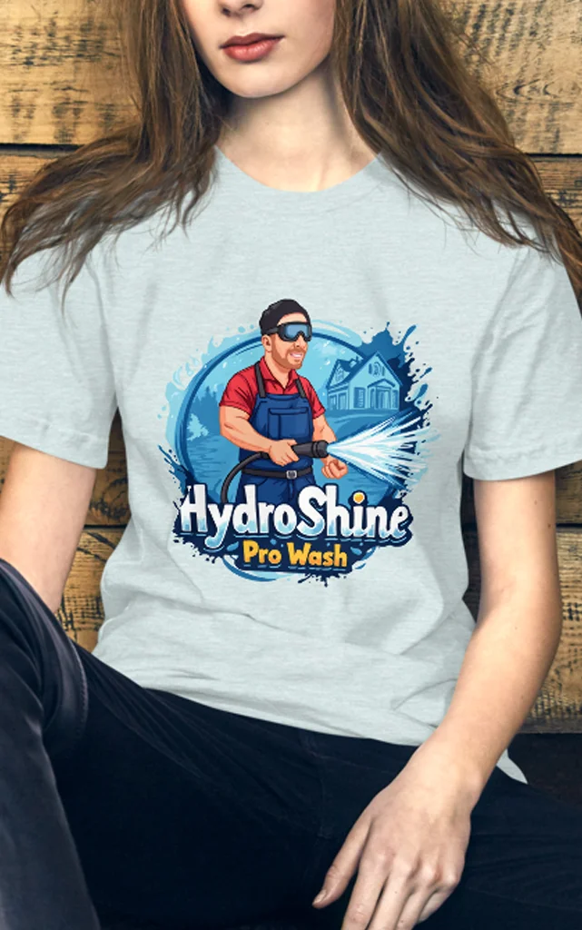 The cartoon pressure washing logo for HydroShine Pro Wash created by TheCartoonist, and printed on a shirt for their merchandise.