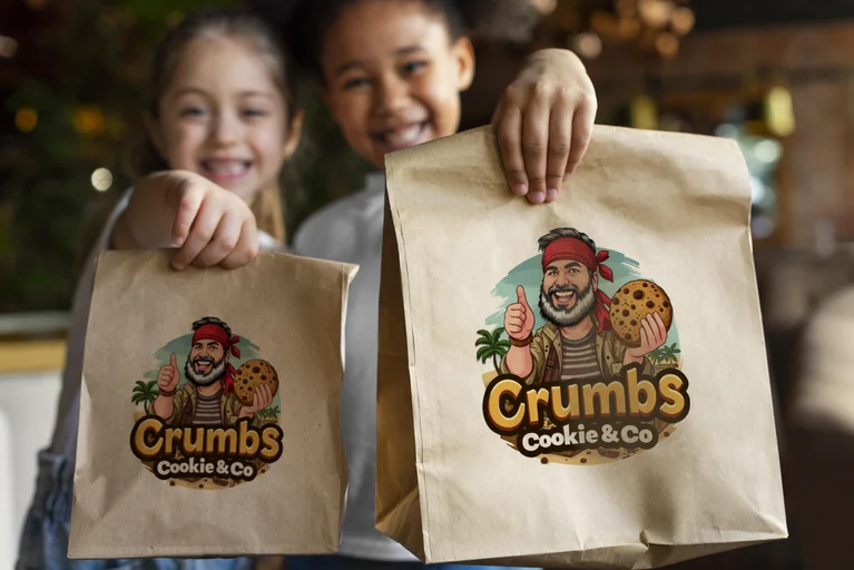 Two children holding paper bags with the cartoon logo of Crumbs Cookie & Co, a cookie company selling freshly baked cookies.