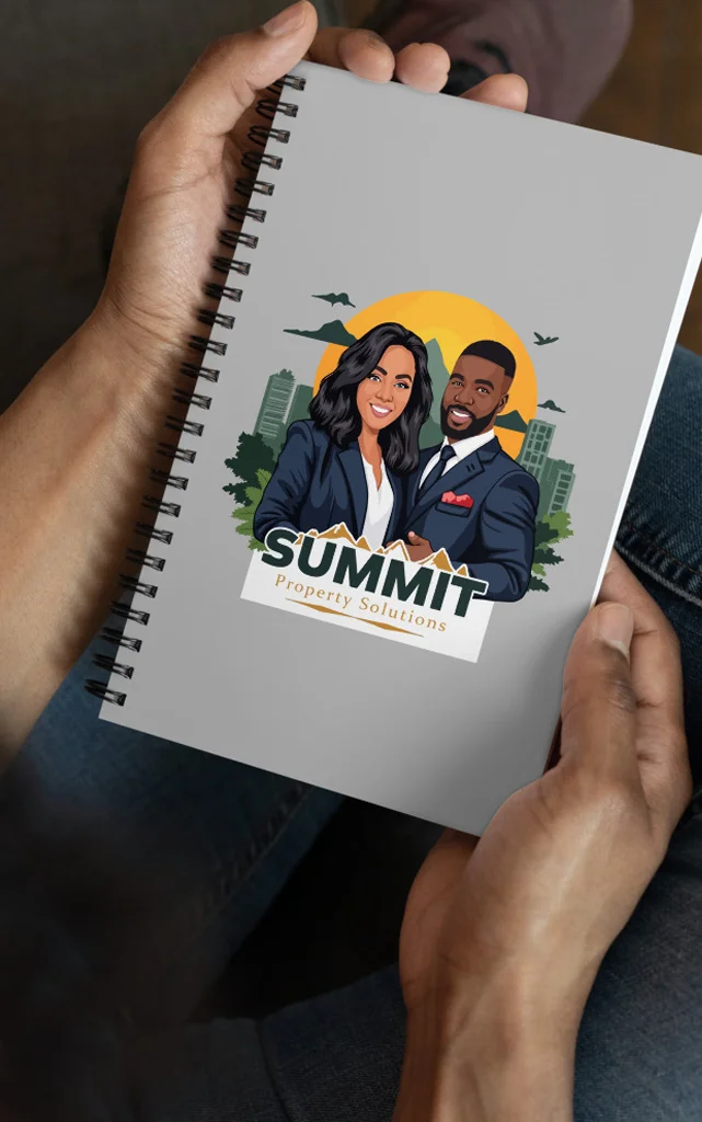 The real estate logo cartoon for Summit Property Solutions, featuring the two real estate brokers, printed on the cover of a notebook.