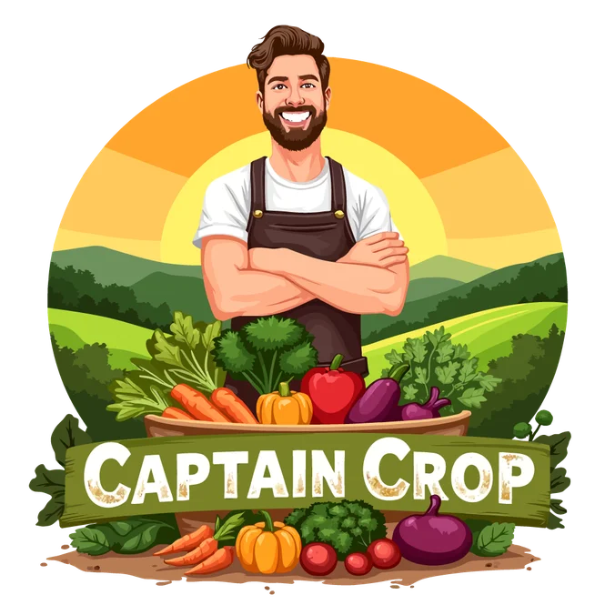 Cartoon logo for the grocer Captain Crop, featuring the business owner selling his produce.