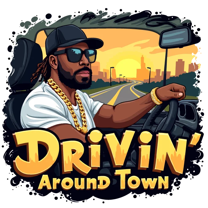 Cartoon logo for the podcast Drivin Around Town, featuring the host in his car.