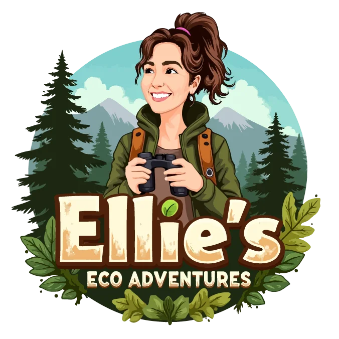 Cartoon logo for an eco tour guide called Ellie's Eco Adventures, featuring Ellie holding her binoculars, with a forest and nature background.