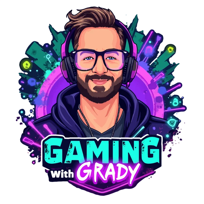 Cartoon logo for the Youtube channel Gaming with Grady, featuring Grady with a futuristic and high-tech background.