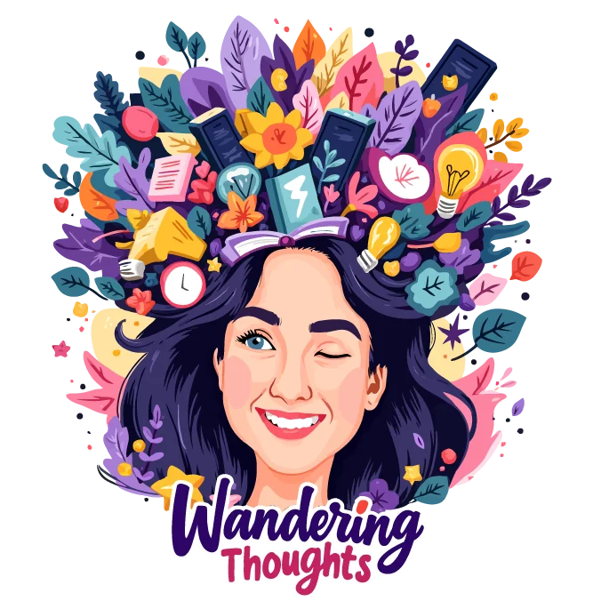 Cartoon Logo for Wandering Thoughts podcast, featuring the host Alysa with a lot of stuff coming out of her head.