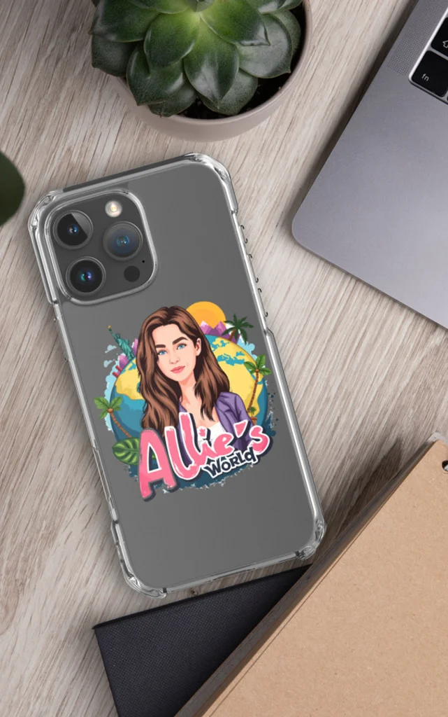 The Youtube cartoon logo for Allie's World boldly printed on the back of an iPhone case.